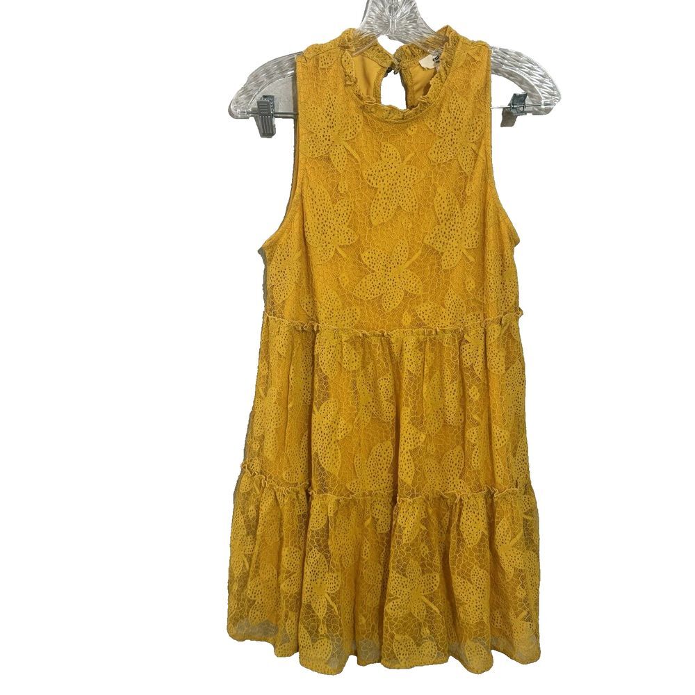 Entro Mock Neck Leaf Detailed Lace Sleeveless‎ Tiered Dress  size Yellow Small